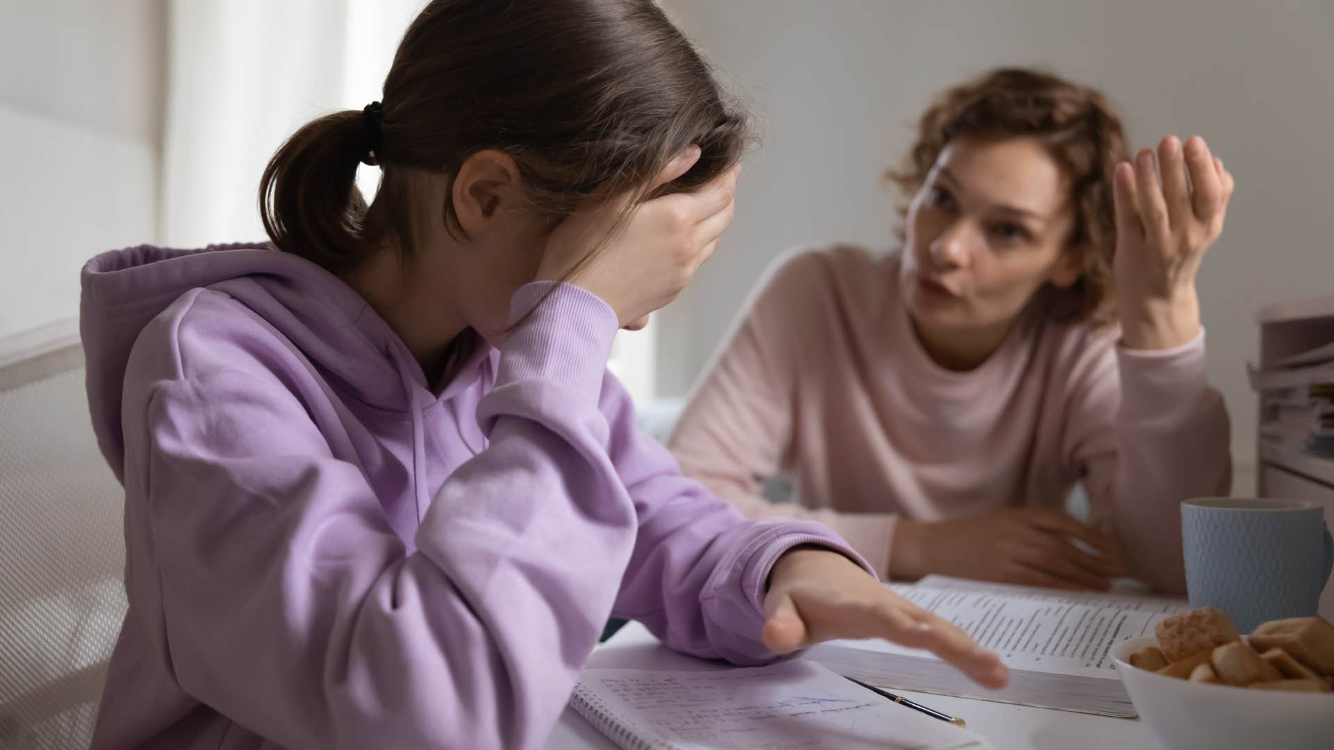 Millennial parent talking to her annoyed Gen Z daughter about a job 