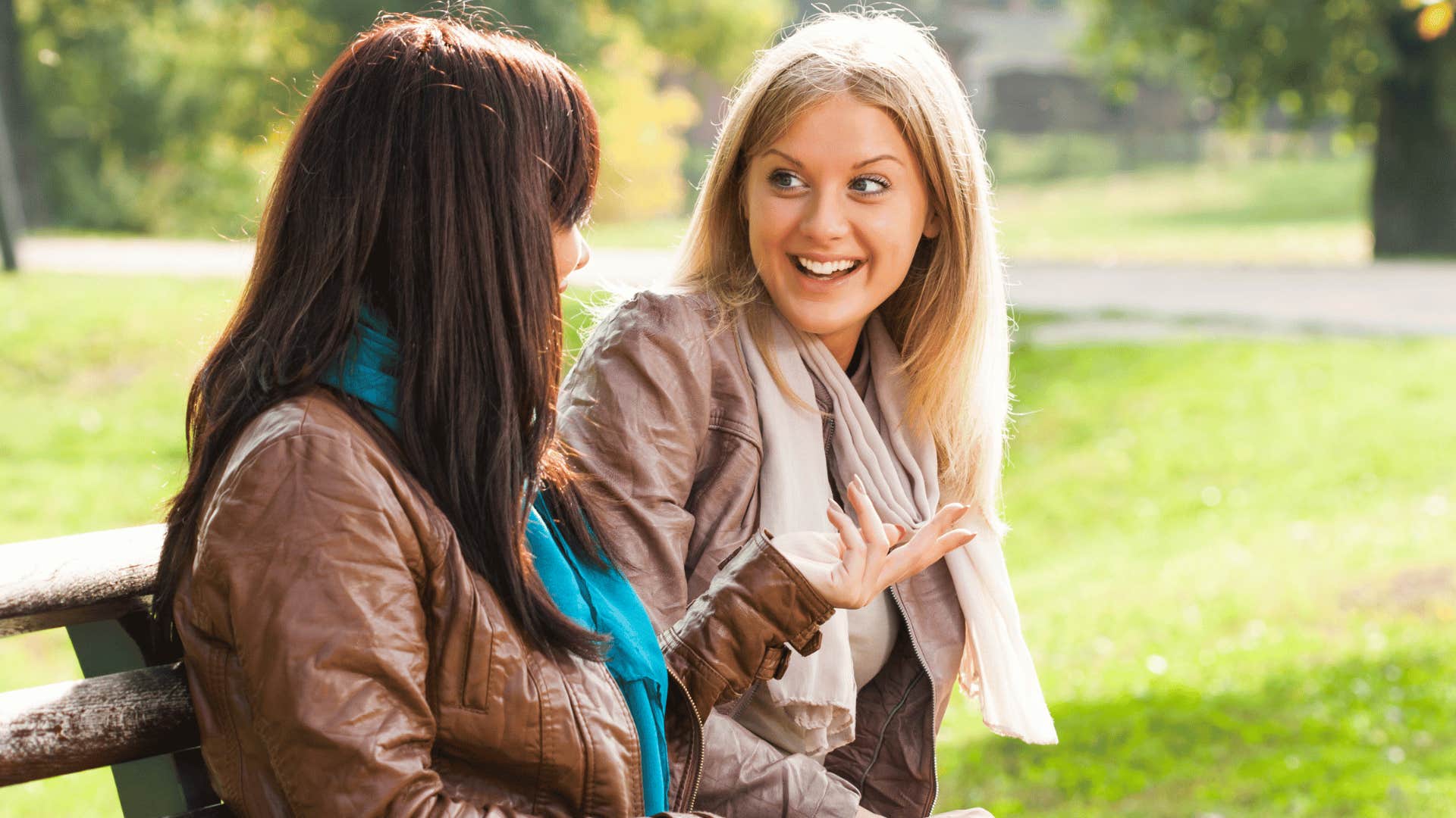 A woman you probably shouldn't marry gossiping on a park bench